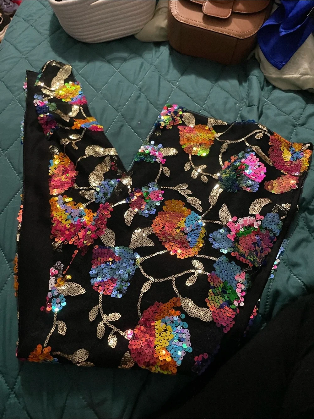 Sequin Floral Wrap Scarf - Black with Multicolor Sequins